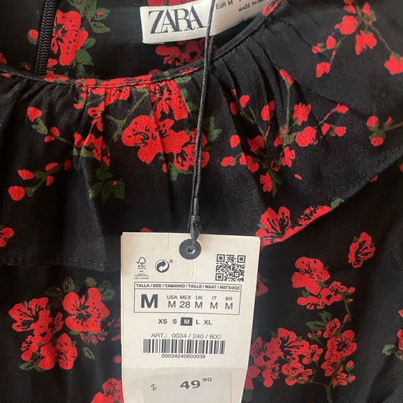 Black Zara Dress Long Sleeved with Ruffles and Red Flower Design - Picture 3 of 3
